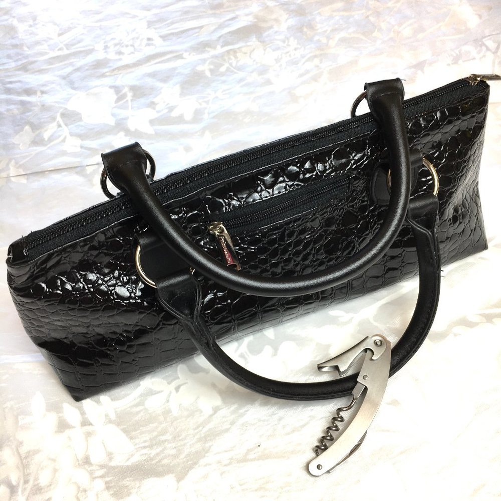 Primeware Wine Tote Black Faux Snakeskin  Bag w/ Opener